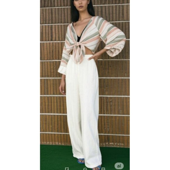 Zara Womens Striped Crop Top With V-Neck & Tie Front XS Linen Blend Made In Moro - Picture 3 of 13